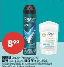 DEGREE Dry Spray / Atomiseur (107g), DOVE (45g - 48g) ou/ou DEGREE (48g) CLINICAL Antiperspirant/Deodorant