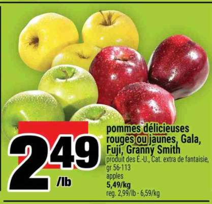 pommes délicieuses rouges ou jaunes, Gala, Fuji, Granny Smith
