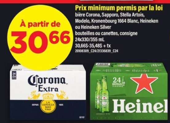 Bière Corona, Sapporo, Stella Artois, Modelo, Kronenbourg 1664 Blanc, Heineken ou Heineken Silver