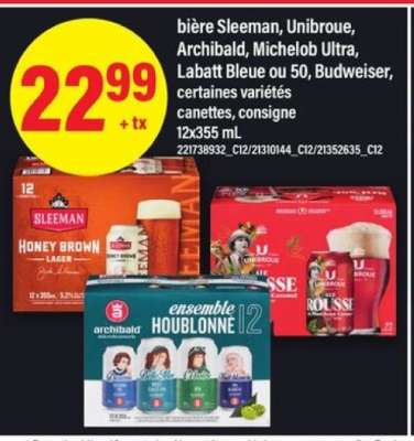 bière Sleeman, Unibroue, Archibald, Michelob Ultra, Labatt Bleue ou 50, Budweiser