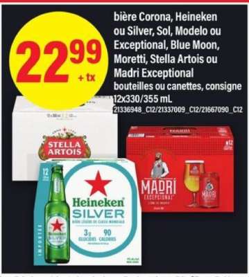 bière Corona, Heineken ou Silver, Sol, Modelo ou Exceptional, Blue Moon, Moretti, Stella Artois ou Madri Exceptional