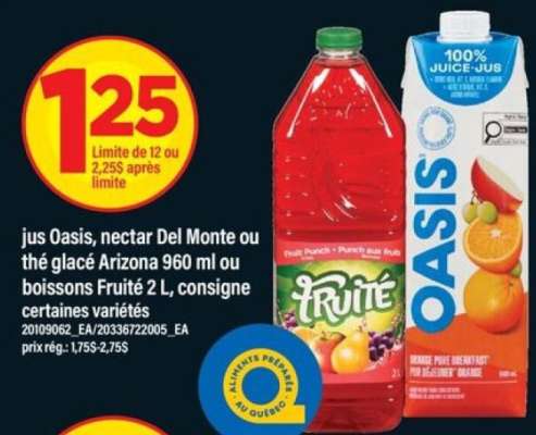 jus Oasis, nectar Del Monte ou thé glacé Arizona 960 ml ou boissons Fruité 2 L