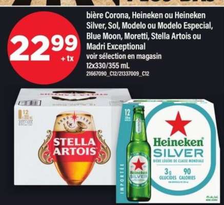 bière Corona, Heineken ou Heineken Silver, Sol, Modelo ou Modelo Especial, Blue Moon, Moretti, Stella Artois ou Madri Exceptional