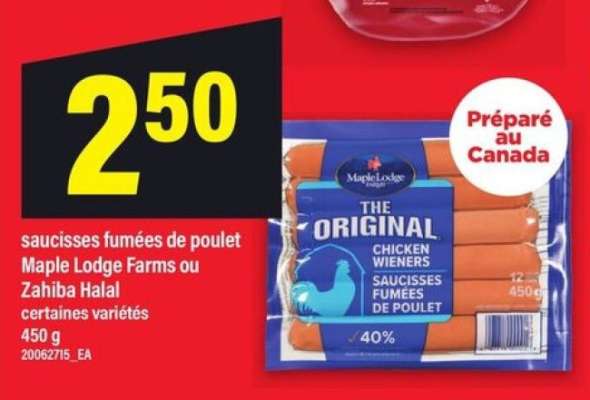 saucisses fumées de poulet Maple Lodge Farms ou Zahiba Halal