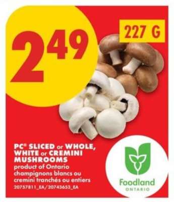 PC Sliced or Whole, White or Cremini Mushrooms