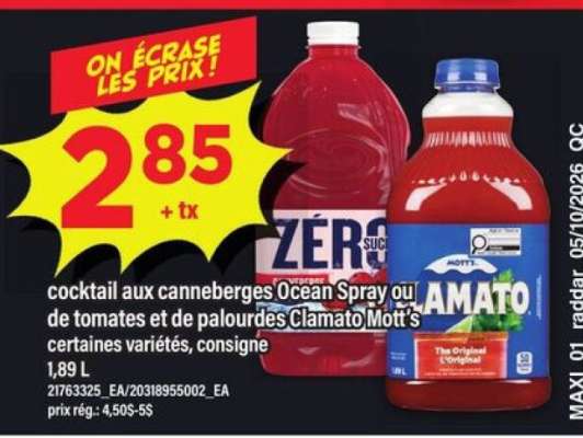 cocktail aux canneberges Ocean Spray ou de tomates et de palourdes Clamato Mott’s