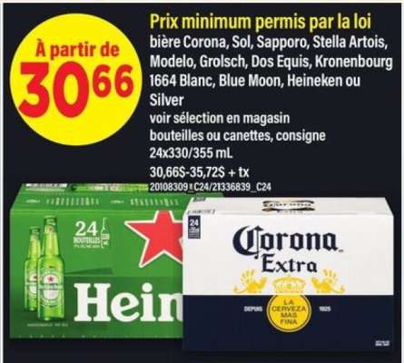 bière Corona, Sol, Sapporo, Stella Artois, Modelo, Grolsch, Dos Equis, Kronenbourg 1664 Blanc, Blue Moon, Heineken ou Silver