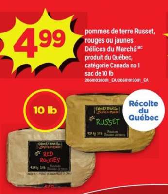 pommes de terre Russet, rouges ou jaunes