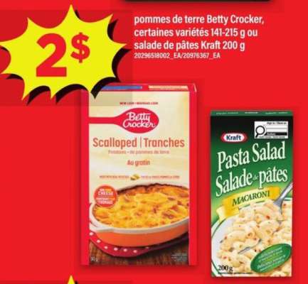 pommes de terre Betty Crocker ou salade de pâtes Kraft