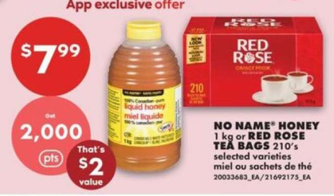 NO NAME® HONEY 1 kg or RED ROSE TEA BAGS 210's