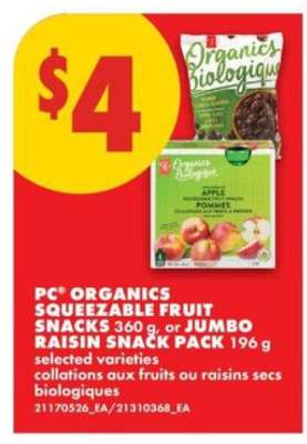 PC Organics Squeezable Fruit Snacks or Jumbo Raisin Snack Pack