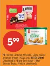 PC Roasted Cashews, Almonds / RITTER SPORT Chocolate Bar