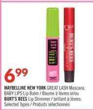 MAYBELLINE NEW YORK GREAT LASH Mascara, BABY LIPS Lip Balm / BURT'S BEES Lip Shimmer