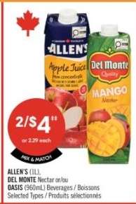 ALLEN'S (1L), DEL MONTE Nectar or/ou OASIS (960mL) Beverages / Boissons